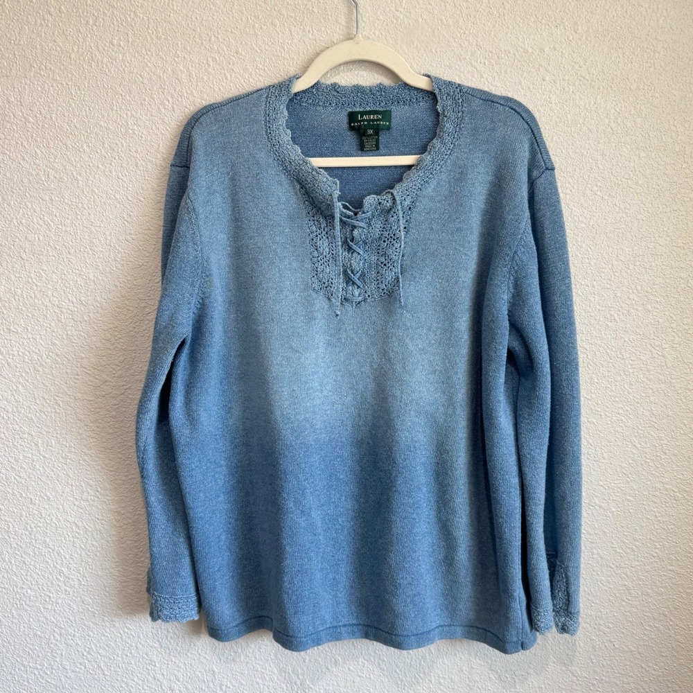Lauren Ralph Lauren Ombre Blue Cotton Crochet Lace Sweater 3X Coastal Knit Boho